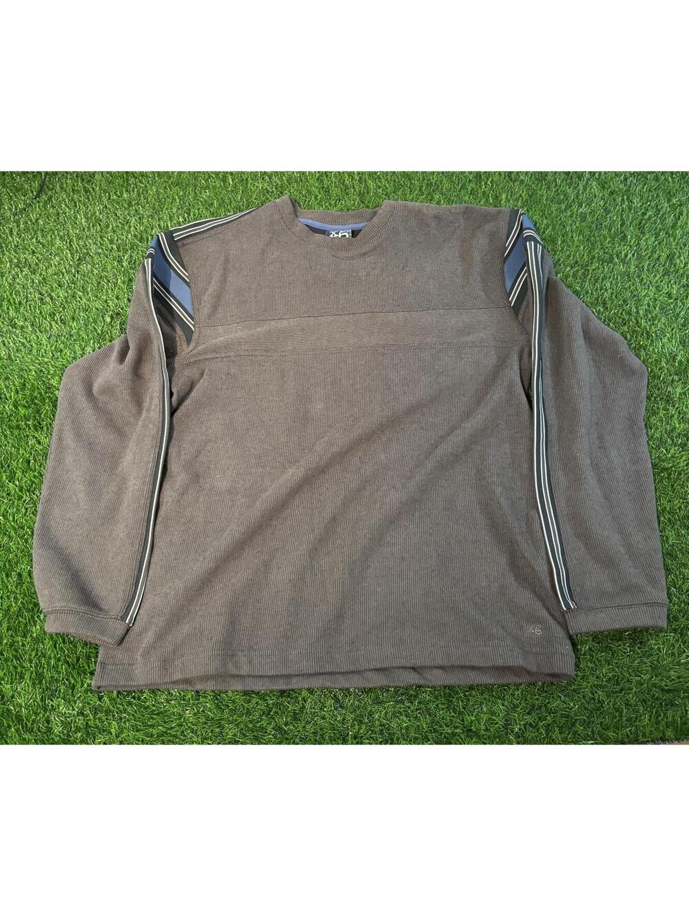 90s Y2K XB Men's Brown Ribbed Long Sleeve Sweatshirt with Stripe Shoulder Medium
